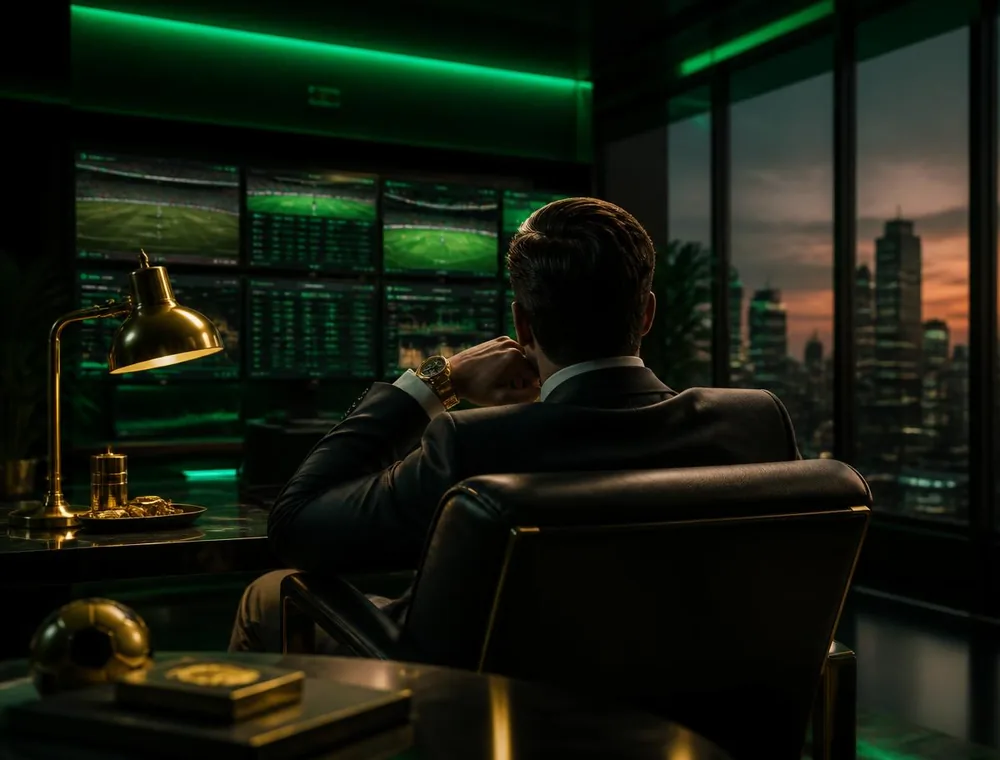 Agent in a private office watching live sports pricing screens at dusk